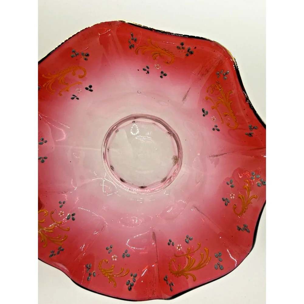 Vintage Murano Style Red Art Glass Bowl Hand Painted Gold Ruffled Rim Rare - Picture 7 of 11